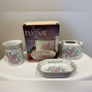 Vintage Stoneware 3pc Bathroom Vanity Set Made Japan Lilac & Pink Floral W/Box